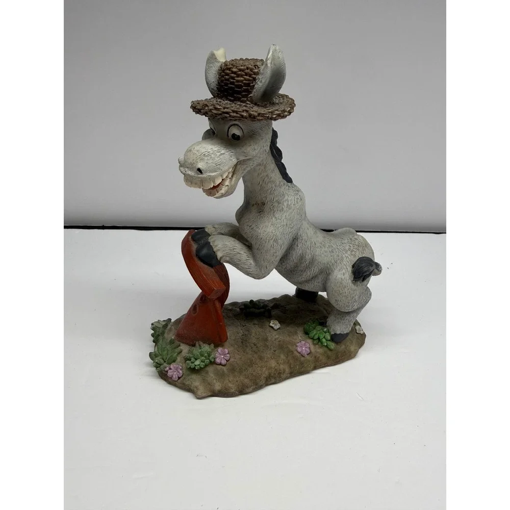 Vintage Smiling Donkey Figurine with Straw Hat Resin Farm Animal Decor Gray